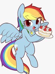 Size: 985x1313 | Tagged: safe, artist:manachaaaaaaaa, rainbow dash, pegasus, pony, cake, cute, dashabetes, female, food, jewelry, looking at you, mare, necklace, open mouth, simple background, smiling, solo, white background