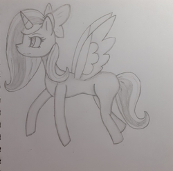 Size: 2845x2802 | Tagged: safe, artist:nastynightmare, oc, oc:fleurbelle, alicorn, pony, adorabelle, alicorn oc, bow, cute, female, flying, hair bow, high res, mare, ocbetes, sketch, traditional art