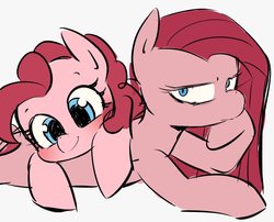 Size: 801x646 | Tagged: safe, artist:manachaaaaaaaa, pinkie pie, earth pony, pony, g4, cute, cuteamena, diapinkes, duality, female, lidded eyes, looking at you, mare, pinkamena diane pie, self ponidox, simple background, white background