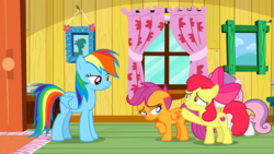 Size: 1920x1080 | Tagged: safe, screencap, apple bloom, rainbow dash, scootaloo, sweetie belle, earth pony, pegasus, pony, unicorn, g4, the last crusade, clubhouse, crusaders clubhouse, crying, cutie mark crusaders, female, flying