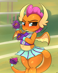 Size: 2000x2500 | Tagged: safe, artist:heavymetalbronyyeah, smolder, dragon, 2 4 6 greaaat, g4, season 9, adorable face, adorasexy, belly, belly button, cheerleader, cheerleader smolder, cute, descriptive noise, embarrassed, female, high res, humiliation, implied weight gain, midriff, sexy, smolderbetes, smoldere, solo, tsundere, wide hips