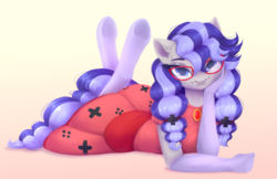 Size: 1731x1119 | Tagged: safe, artist:sparkling_light, oc, oc only, oc:cinnabyte, earth pony, anthro, unguligrade anthro, adorasexy, adorkable, anthro oc, bedroom eyes, cinnabetes, clothes, cute, dork, dress, female, glasses, gloves, looking at you, mare, meganekko, sexy, socks, stockings, thigh highs, ych result