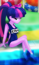 Size: 2400x4000 | Tagged: safe, artist:geraritydevillefort, sci-twi, twilight sparkle, equestria girls, g4, breasts, busty sci-twi, clothes, feet, female, one-piece swimsuit, poolside, solo, sukumizu, swimming pool, swimsuit