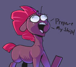 Size: 999x875 | Tagged: safe, artist:sourspot, fizzlepop berrytwist, tempest shadow, pony, unicorn, g4, blank flank, broken horn, derp, dialogue, eye scar, faic, female, horn, majestic as fuck, mare, missing accessory, open mouth, ribs, scar, solo, we don't normally wear clothes