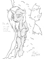 Size: 902x1178 | Tagged: safe, artist:parallel black, fluttershy, changeling, g4, changeling slime, changelingified, dialogue, female, flutterling, looking at you, post-transformation, simple background, sketch, solo, species swap, traditional art, trapped, white background
