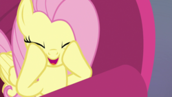 Size: 1920x1080 | Tagged: safe, screencap, fluttershy, pegasus, pony, g4, sweet and smoky, cute, eyes closed, female, mare, open mouth, shyabetes, smiling, solo