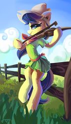 Size: 1600x2797 | Tagged: dead source, safe, artist:saxopi, fiddlesticks, earth pony, pony, g4, apple family member, clothes, cloud, cottagecore, female, fence, fiddle, mare, musical instrument, sitting, solo
