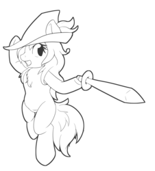 Size: 1926x2129 | Tagged: safe, artist:icy wings, oc, oc:frost soar, pony, bipedal, chest fluff, dexterous hooves, hat, lineart, red mage, simple background, sword, weapon, white background