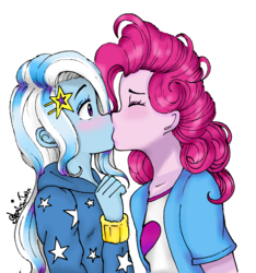 Size: 1300x1387 | Tagged: safe, artist:starwantrix, pinkie pie, trixie, equestria girls, g4, anime, blushing, cute, diatrixes, eyes closed, female, kissing, lesbian, ship:trixiepie, shipping, signature, simple background, white background