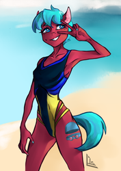 Size: 2480x3507 | Tagged: safe, artist:charlot, oc, oc only, oc:windsweeper, anthro, anorexic, armpits, black swimsuit, blue swimsuit, clothes, cutie mark, female, high res, one-piece swimsuit, peace sign, peace symbol, short mane, short tail, skinny, solo, swimsuit, thin, yellow swimsuit