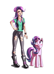 Size: 2200x3000 | Tagged: safe, artist:baitoubaozou, starlight glimmer, human, pony, unicorn, equestria girls, g4, beanie, beanie hat, clothes, female, hat, high res, human coloration, human ponidox, humanized, mare, ripped pants, self ponidox, simple background, solo, torn clothes, white background