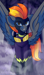 Size: 1300x2200 | Tagged: safe, artist:php97, oc, oc:blaze (shadowbolt), pegasus, pony, clothes, commission, costume, goggles, shadowbolts, shadowbolts costume, solo, spread wings, wings