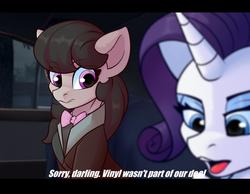Size: 1800x1400 | Tagged: safe, artist:shadowreindeer, octavia melody, rarity, earth pony, pony, unicorn, g4, bowtie, car, clothes, eyeshadow, female, implied death, implied vinyl scratch, mafia, mafia 2, mafia ii, mafia octavia, makeup, mare, meme, open mouth, suit, text, vito scaletta