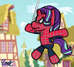 Size: 2780x2508 | Tagged: safe, artist:goatcanon, starlight glimmer, pony, unicorn, g4, clothes, costume, crossover, high res, male, marvel, marvel comics, raimi suit, spider-man, spider-mare, swing, swinging