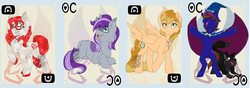 Size: 1251x442 | Tagged: safe, artist:bluekite-falls, artist:sky-railroad, oc, oc:aria diamond, oc:dolkka, oc:jeweled faith, oc:xaldin wolfgang, crystal pony, dog, kirin, pegasus, pony, unicorn, wolf, armpits, cape, card game, clothes, cross, hat, kirin oc, prance card game