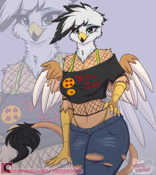 Size: 2500x2800 | Tagged: safe, artist:pinktabico, oc, oc only, oc:ginger feathershy, griffon, anthro, beauty mark, belly button, bra strap, clothes, colored wings, dragon ball, eyebrow piercing, female, fishnet stockings, griffon oc, hand on hip, high res, multicolored wings, panties, panty line, piercing, short shirt, solo, tail, thong, torn clothes, underwear, wings, zoom layer