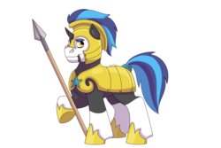 Size: 1095x730 | Tagged: safe, artist:itstechtock, oc, oc only, oc:dwyers, pony, unicorn, armor, female, mare, royal guard armor, simple background, solo, spear, transparent background, weapon