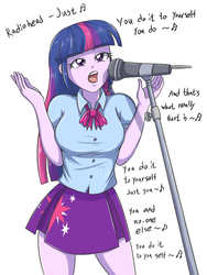 Size: 1719x2283 | Tagged: safe, artist:sumin6301, twilight sparkle, equestria girls, g4, clothes, female, just, legs, microphone, microphone stand, music notes, radiohead, singing, skirt, solo, song reference
