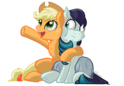 Size: 2953x2067 | Tagged: safe, artist:razya, applejack, coloratura, earth pony, pony, g4, applejack's hat, cheek fluff, cheek squish, cheeks, chest fluff, colored, cowboy hat, cute, everywhere meme pony edition, hat, high res, hooves, hug, mane, pointing, simple background, sitting, sitting up, squishy cheeks, tail, tail wrap, transparent background