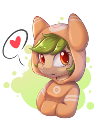 Size: 1500x1920 | Tagged: safe, artist:tikrs007, earth pony, pony, abstract background, bust, clothes, heart, hoodie, looking at you, pictogram, smiling, solo