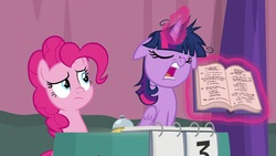 Size: 1920x1080 | Tagged: safe, screencap, pinkie pie, twilight sparkle, alicorn, pony, a trivial pursuit, g4, book, floppy ears, magic, messy mane, rules lawyer, twilight snapple, twilight sparkle (alicorn)