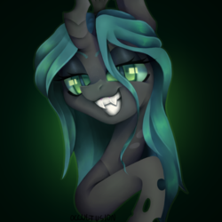 Size: 1102x1102 | Tagged: safe, artist:onionpwder, queen chrysalis, changeling, changeling queen, g4, bust, crown, female, grin, jewelry, lidded eyes, portrait, raised eyebrows, regalia, signature, simple background, smiling, solo