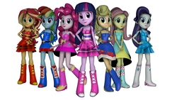 Size: 2773x1560 | Tagged: safe, artist:fazbearsparkle, applejack, fluttershy, pinkie pie, rainbow dash, rarity, sunset shimmer, twilight sparkle, alicorn, equestria girls, g4, 3d, bare shoulders, clothes, dress, fall formal outfits, humane five, humane seven, humane six, looking at you, simple background, sleeveless, source filmmaker, strapless, twilight sparkle (alicorn), white background