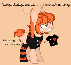 Size: 2500x2300 | Tagged: safe, artist:esgest, oc, oc only, oc:ginger sweets (ice1517), earth pony, pony, blank flank, clothes, female, freckles, grin, heart, high res, mare, orange background, shirt, simple background, smiling, socks, solo, stockings, striped socks, t-shirt, thigh highs