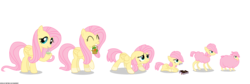 Size: 7572x2542 | Tagged: safe, artist:gamerpen, fluttershy, pegasus, pony, sheep, g4, basket, book, carrot, cute, eating, fluttersheep, food, herbivore, mouth hold, pony to sheep, potion, sheepified, simple background, species swap, transformation, transformation sequence, transparent background