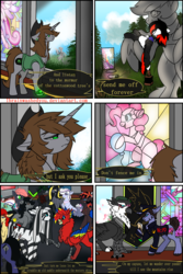 Size: 1563x2344 | Tagged: safe, artist:brainiac, pinkie pie, princess cadance, oc, oc:blackjack, oc:littlepip, oc:morning glory (project horizons), pony, unicorn, comic:fallout equestria: stained glass, fallout equestria, fallout equestria: project horizons, g4, fanfic art, song reference, statue, text