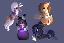 Size: 3000x2000 | Tagged: safe, artist:php146, oc, oc only, oc:calla blossom, oc:skystar, bat pony, pony, axe, blue background, book, cauldron, female, high res, male, mare, prone, simple background, stallion, weapon