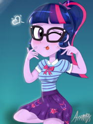 Size: 1800x2400 | Tagged: safe, artist:artmlpk, sci-twi, twilight sparkle, equestria girls, g4, my little pony equestria girls: better together, blushing, clothes, cute, female, geode of telekinesis, glasses, looking at you, magical geodes, one eye closed, peace sign, ponytail, skirt, solo, tongue out, twiabetes, wink