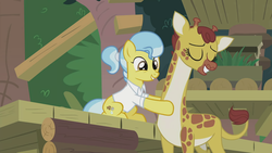 Size: 1920x1080 | Tagged: safe, screencap, clementine, doctor fauna, earth pony, giraffe, pony, g4, she talks to angel, clothes, cute, duo, eyes closed, faunabetes, female, mare, shirt