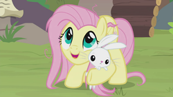 Size: 1920x1080 | Tagged: safe, screencap, angel bunny, fluttershy, pegasus, pony, rabbit, g4, she talks to angel, animal, cute, duo, female, male, mare, messy mane, shyabetes