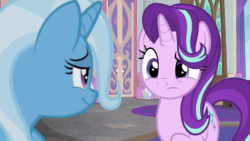 Size: 640x360 | Tagged: safe, screencap, starlight glimmer, trixie, pony, unicorn, a horse shoe-in, g4, season 9, animated, cute, female, floppy ears, glimmerbetes, looking at each other