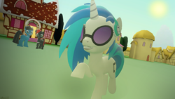 Size: 3840x2160 | Tagged: safe, artist:agkandphotomaker2000, dj pon-3, vinyl scratch, oc, oc:arnold the pony, oc:pony video maker, pony, unicorn, g4, 3d, high res, ocs in the background, ponies in the background, ponyville, sugarcube corner, walking around town