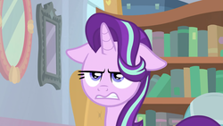Size: 1920x1080 | Tagged: safe, screencap, starlight glimmer, pony, a horse shoe-in, g4, bookshelf, female, floppy ears, mare, solo, starlight glimmer is not amused, unamused