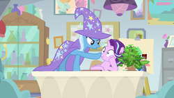 Size: 1920x1080 | Tagged: safe, screencap, phyllis, starlight glimmer, trixie, pony, unicorn, a horse shoe-in, g4, boop, cape, clothes, duo, female, hat, mare, potted plant, scrunchy face, table, trixie's cape, trixie's hat