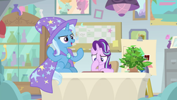 Size: 1920x1080 | Tagged: safe, screencap, phyllis, starlight glimmer, trixie, pony, unicorn, a horse shoe-in, g4, cape, clothes, duo, female, hat, mare, potted plant, table, trixie's cape, trixie's hat