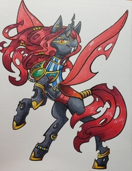 Size: 2941x3817 | Tagged: safe, artist:ghostlymuse, oc, oc only, oc:paprika, changeling, pony, changeling oc, fangs, high res, horn, marker drawing, multiple eyes, multiple horns, red changeling, solo, traditional art