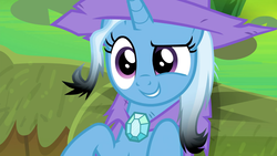 Size: 1920x1080 | Tagged: safe, screencap, trixie, pony, unicorn, a horse shoe-in, g4, leak, cute, diatrixes, female, grin, mare, on back, smiling, solo