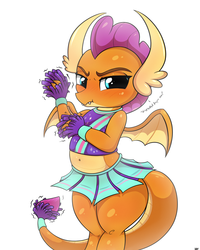 Size: 2000x2500 | Tagged: safe, alternate version, artist:heavymetalbronyyeah, smolder, 2 4 6 greaaat, belly, belly button, blushing, blushing profusely, cheerleader outfit, cheerleader smolder, clothes, cute, embarrassed, female, humiliation, midriff, simple background, smolderbetes, smoldere, solo, tsundere, white background, wide hips