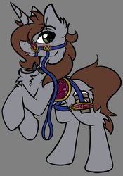 Size: 2872x4096 | Tagged: safe, artist:arjinmoon, oc, oc only, oc:arjin, pony, unicorn, :p, blushing, bowtie, bridle, chest fluff, ear fluff, explicit source, fluffy, harness, leash, long mane, looking at you, male, rearing, saddle, solo, stallion, tack, tongue out