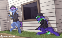 Size: 1471x900 | Tagged: safe, artist:whisperfoot, oc, oc only, oc:weldbead, oc:windy dripper, pegasus, pony, bottomless, bulletproof vest, clothes, crouching, dirt, grass, gun, handgun, hat, hooves, house, looking at each other, male, multicolored hair, partial nudity, patreon, patreon reward, pegasus oc, rainbow six siege, rifle, shadow, siege, stallion, vest, video game, weapon, window