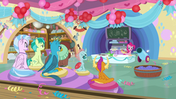 Size: 1280x720 | Tagged: safe, screencap, gallus, ocellus, pinkie pie, sandbar, silverstream, smolder, yona, changedling, changeling, dragon, earth pony, griffon, hippogriff, pony, yak, g4, balloon, dragoness, female, male, mare, party cannon, stallion, student six, theme song