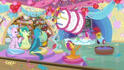 Size: 1280x720 | Tagged: safe, screencap, gallus, ocellus, pinkie pie, sandbar, silverstream, smolder, yona, changedling, changeling, dragon, earth pony, griffon, hippogriff, pony, yak, g4, cake, dragoness, female, food, male, mare, party cannon, stallion, student six, theme song