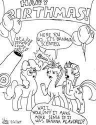 Size: 2550x3318 | Tagged: safe, artist:newguy, minuette, oc, oc:bananapie, pony, unicorn, g4, asksadisticcolgate, balloon, banner, birthday, confetti, dialogue, high res, monochrome, party cannon, toothbrush