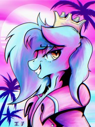 Size: 1536x2048 | Tagged: safe, artist:chaosmauser, oc, oc only, oc:prince whateverer, pegasus, pony, 1980's, 80s, aesthetics, beach, bust, crown, jewelry, musician, profile, regalia, scan lines, smiling, solo, summer, vaporwave