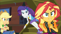 Size: 1924x1080 | Tagged: safe, screencap, applejack, rarity, sunset shimmer, costume conundrum, equestria girls, g4, my little pony equestria girls: choose your own ending, applejack's hat, bracelet, cellphone, clothes, cowboy hat, denim skirt, female, geode of empathy, geode of super strength, hat, high heels, jewelry, legs, magical geodes, phone, shoes, skirt, smartphone, smiling, speaker, sunset's apartment, trio, trio female