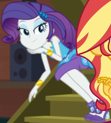 Size: 815x902 | Tagged: safe, screencap, rarity, costume conundrum, equestria girls, equestria girls series, g4, spoiler:eqg series (season 2), clothes, cropped, cute, female, geode of shielding, gold, hairclip, high heels, jewelry, leaning forward, lidded eyes, magical geodes, pencil skirt, raribetes, rarity peplum dress, seductive look, seductive pose, shoes, sitting, skirt, sleeveless, smiling, solo focus, staircase, stairs, sunset's apartment, waistband, wrist cuffs
